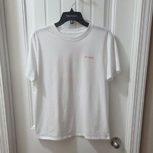 Columbia White Palm Sunset T-Shirt with Small Pink Logo